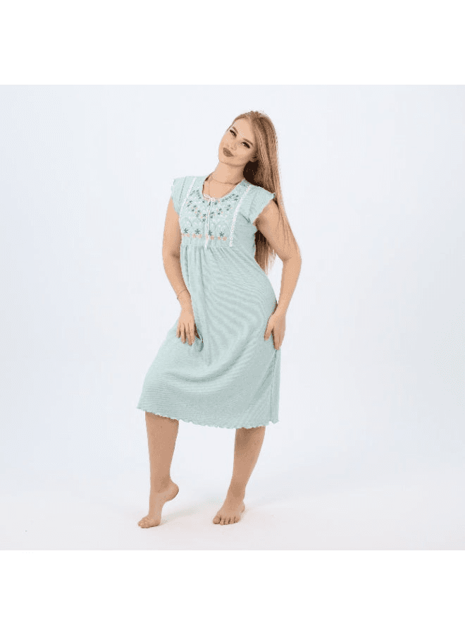 Summer Short Ribbed Cotton Nightdress with Colorful Embroidery Lightweight & Bre