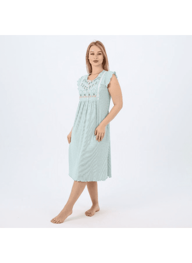 Summer Short Ribbed Cotton Nightdress with Colorful Embroidery Lightweight & Bre