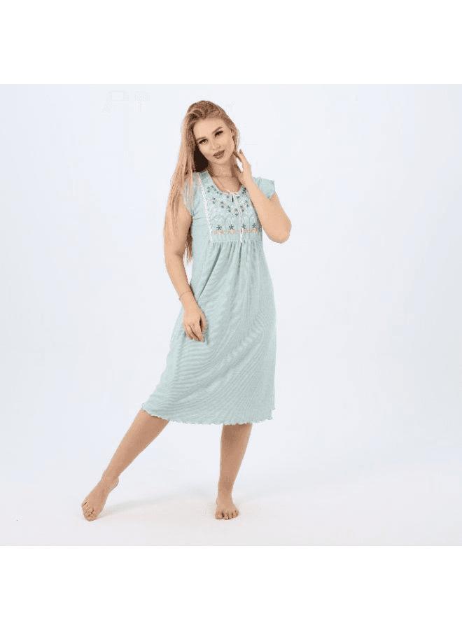 Summer Short Ribbed Cotton Nightdress with Colorful Embroidery Lightweight & Bre