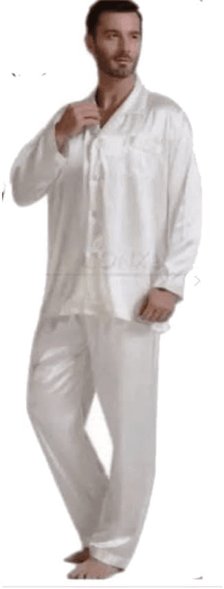 Mens satin pajama set with buttons and long sleeves.
