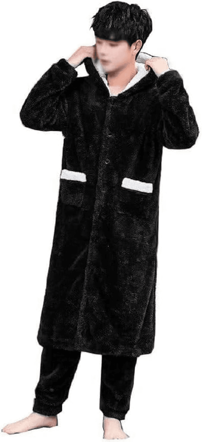 Mens two-piece fur pajama set consisting of a long jacket with buttons and a hoo