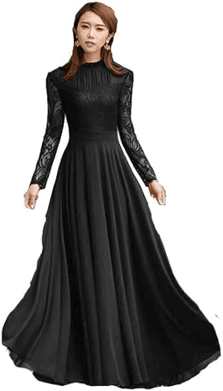 Black Women Lace Chiffon Dress with Lining
