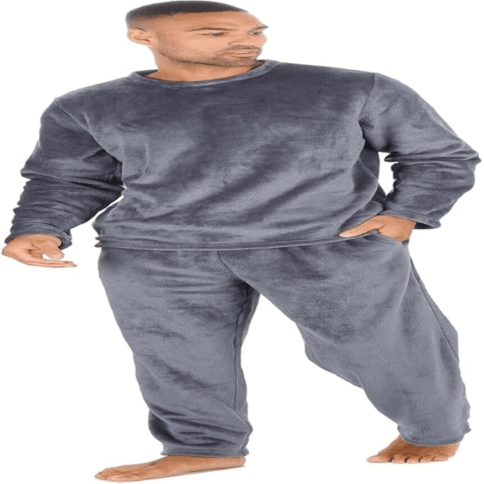 Mens two-piece velvet pajama set in grey color.