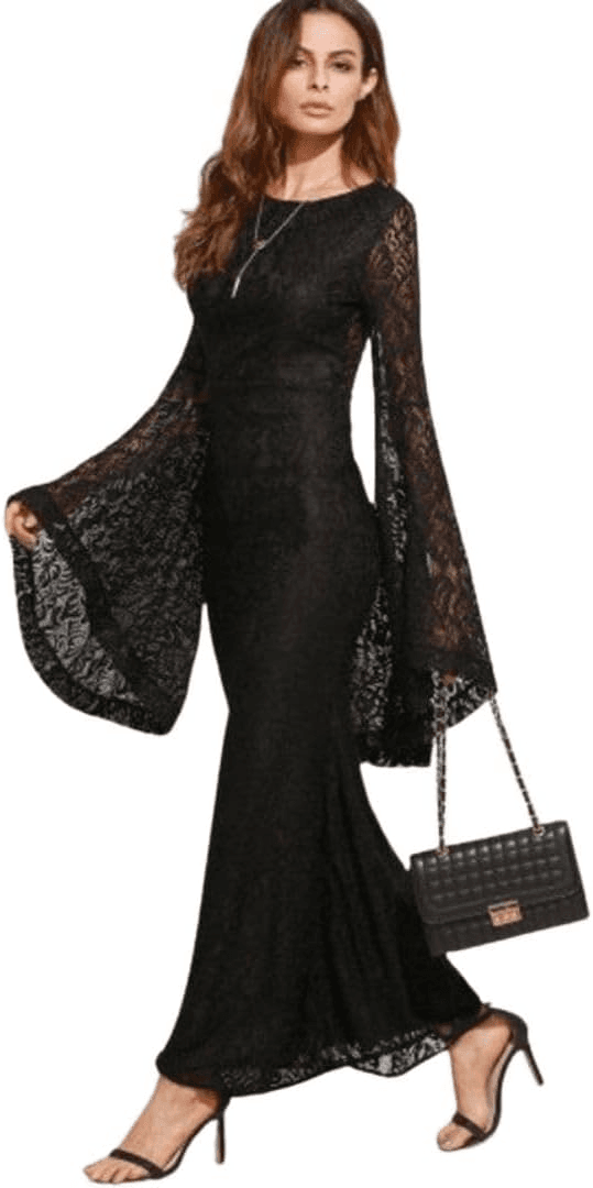 Womens Lace Padded Wide Sleeve Dress Black M, Black