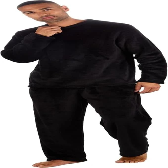 Men’s two-piece black velvet pajama set.