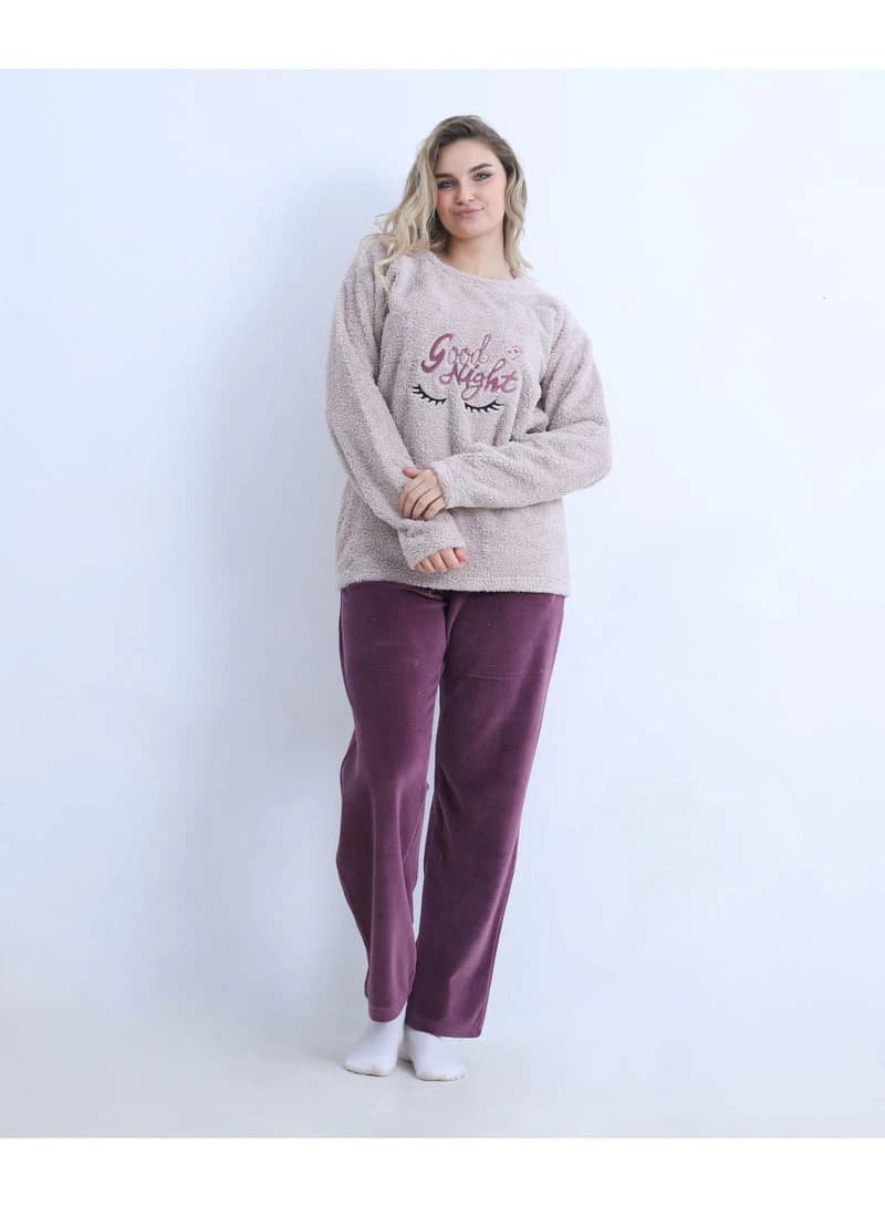 Women's Winter Mixed Fabric Pajama -  Wide Velvet Trousers