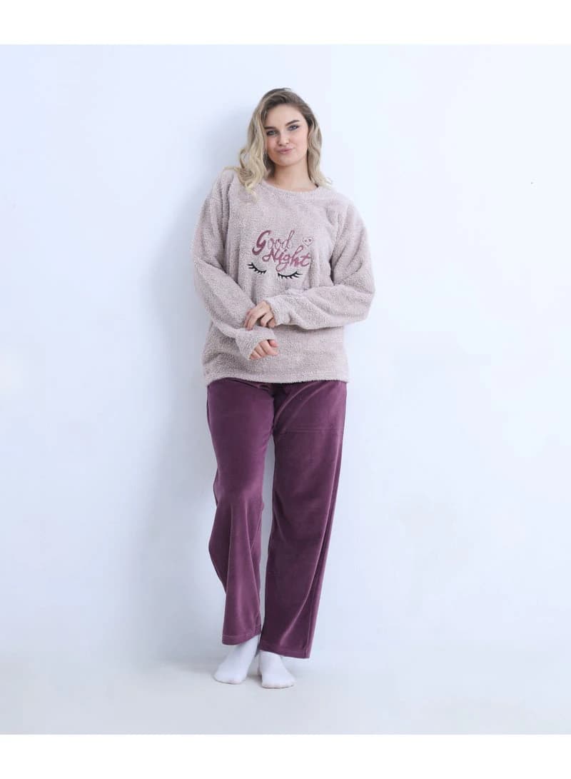 Women's Winter Mixed Fabric Pajama -  Wide Velvet Trousers
