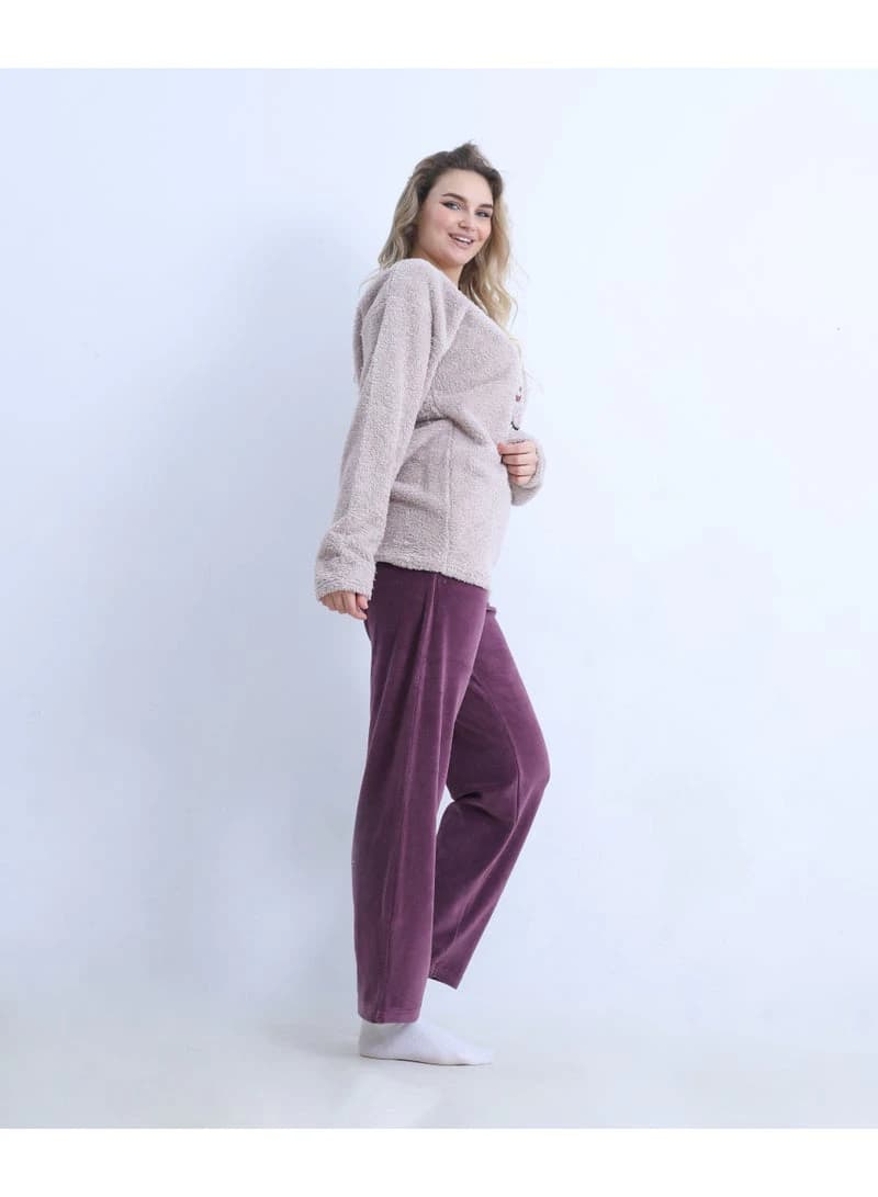 Women's Winter Mixed Fabric Pajama -  Wide Velvet Trousers