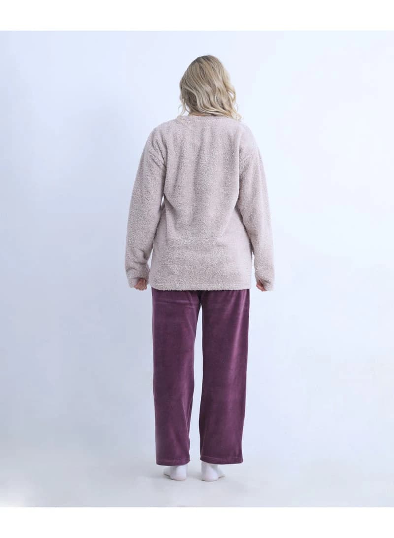 Women's Winter Mixed Fabric Pajama -  Wide Velvet Trousers