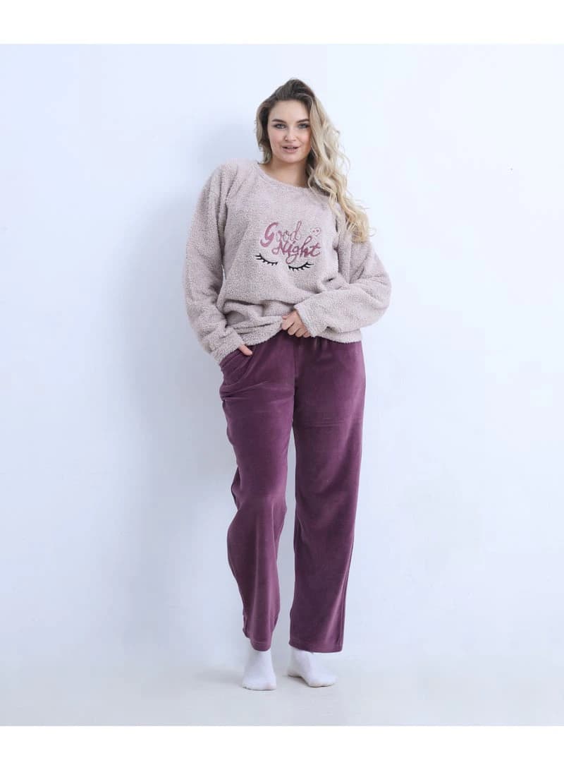 Women's Winter Mixed Fabric Pajama -  Wide Velvet Trousers