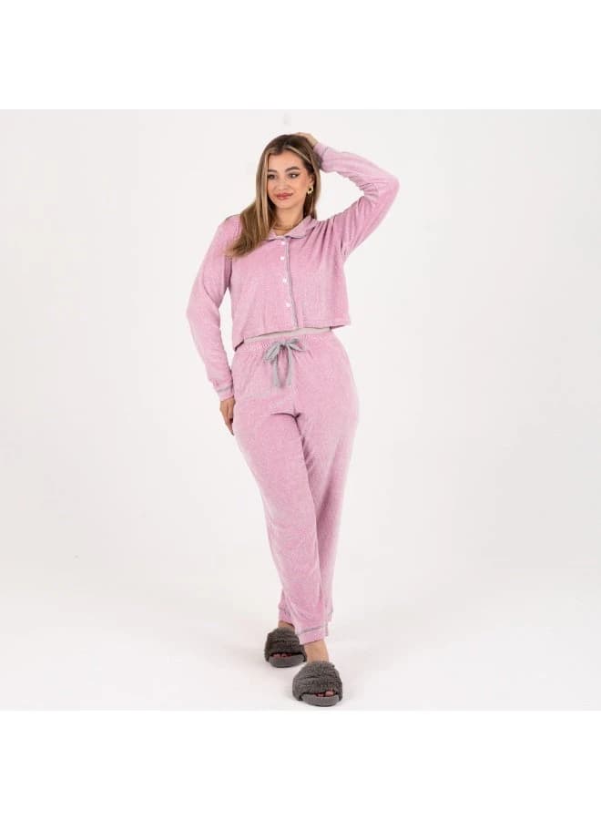 women's winter velvet pajama set with button-down top & drawstring pants