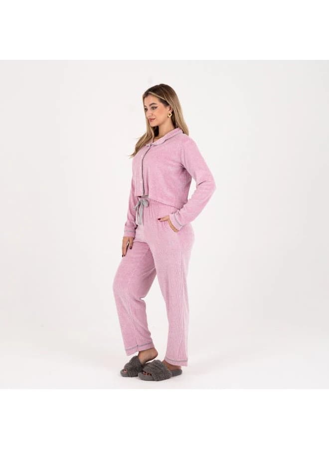 women's winter velvet pajama set with button-down top & drawstring pants