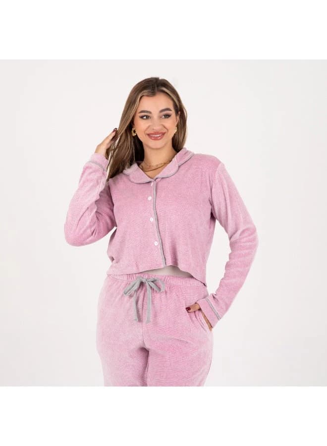 women's winter velvet pajama set with button-down top & drawstring pants