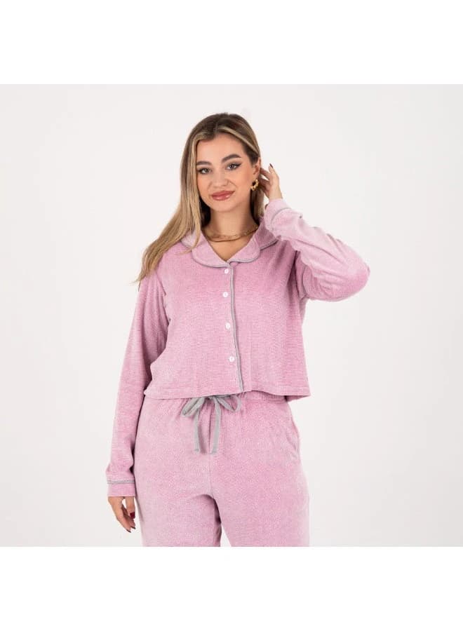 women's winter velvet pajama set with button-down top & drawstring pants
