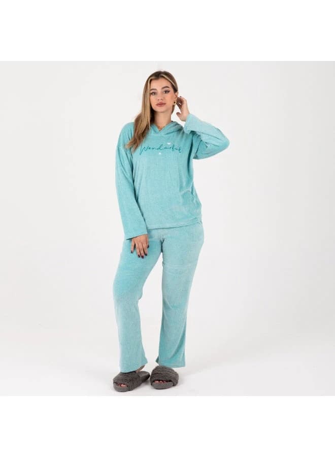 Women’s Velvet Embroidered Pajama Set – Mint Green