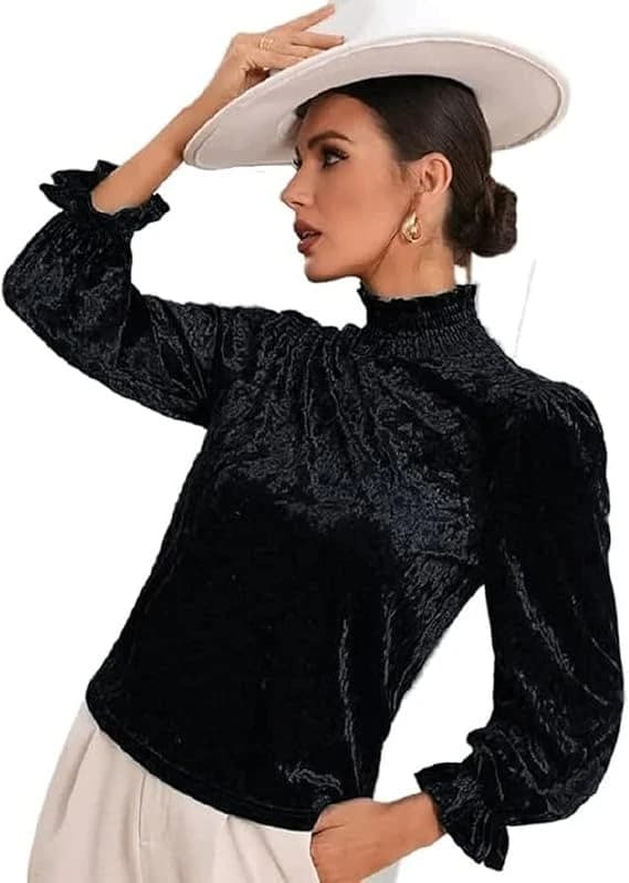 Womens Long Sleeve Velvet Blouse Neck Blouse