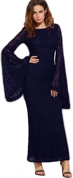 Women's Navy Lined Long Lace Dress
