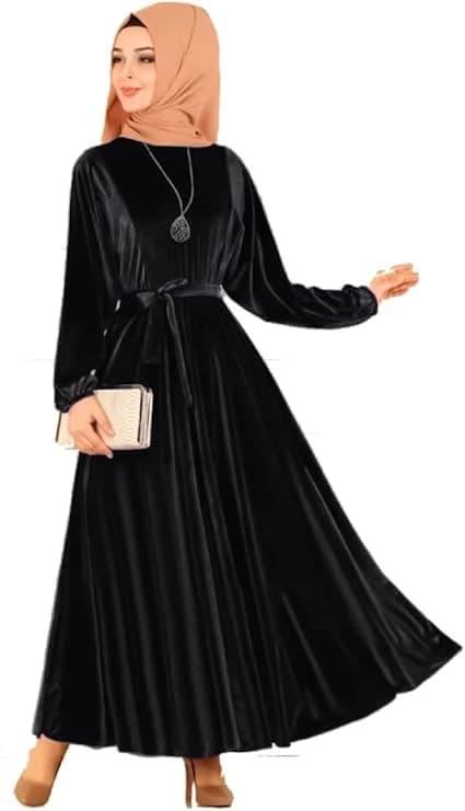 Women's Black Shiny Velvet Belt Dress