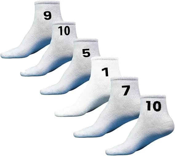 Men’s athletic half socks set – 6 pieces, white with numbers.