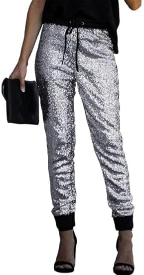 Women's Silver Sequin Pants Accented With Kurdon Cotton Black