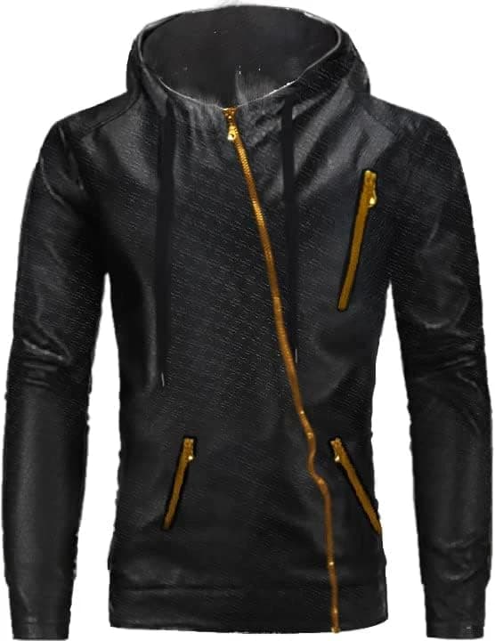 Men’s Faux Leather Hooded Jacket with Gold Fur Lining