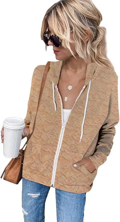 Women's Lace Zipper Hoodie Beige