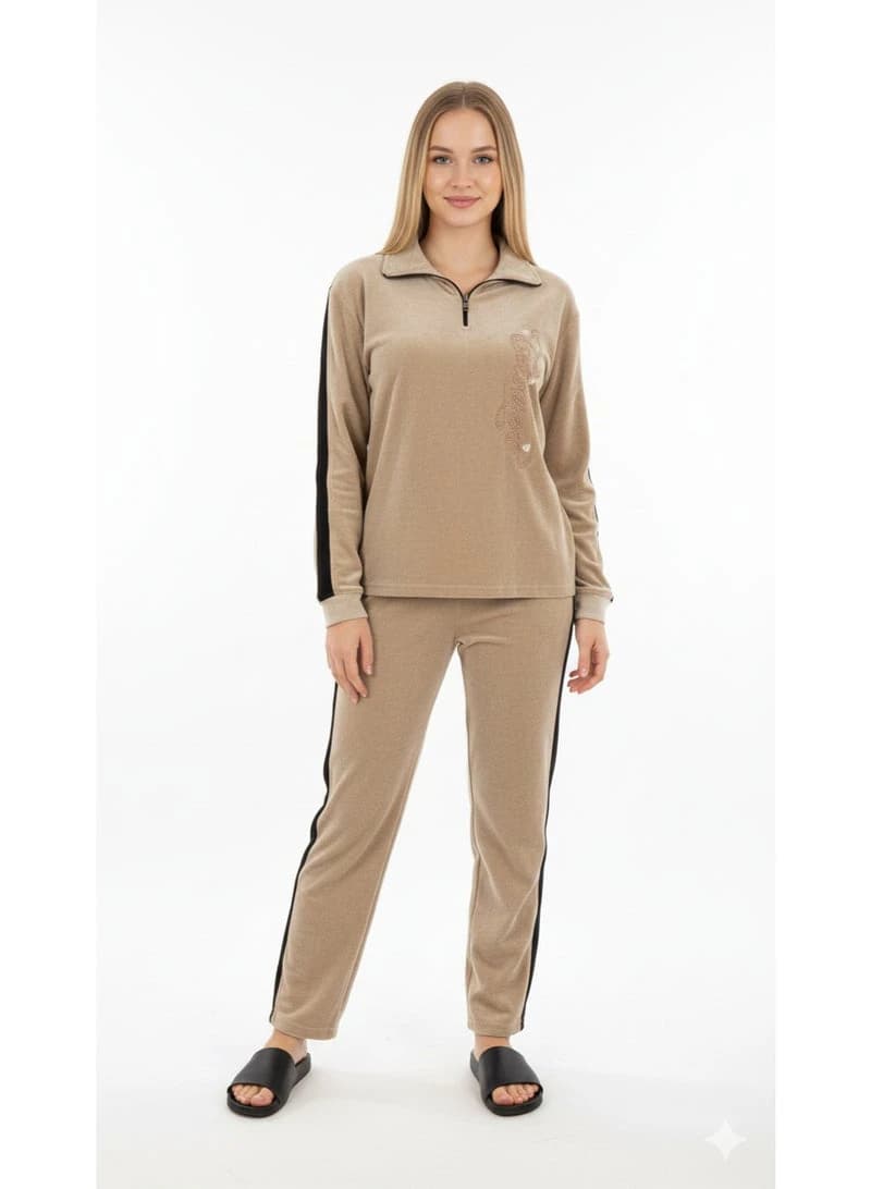 Women's 2-Piece Premium Velvet Loungewear Set - Half-Zip Neck Pullover & Pants