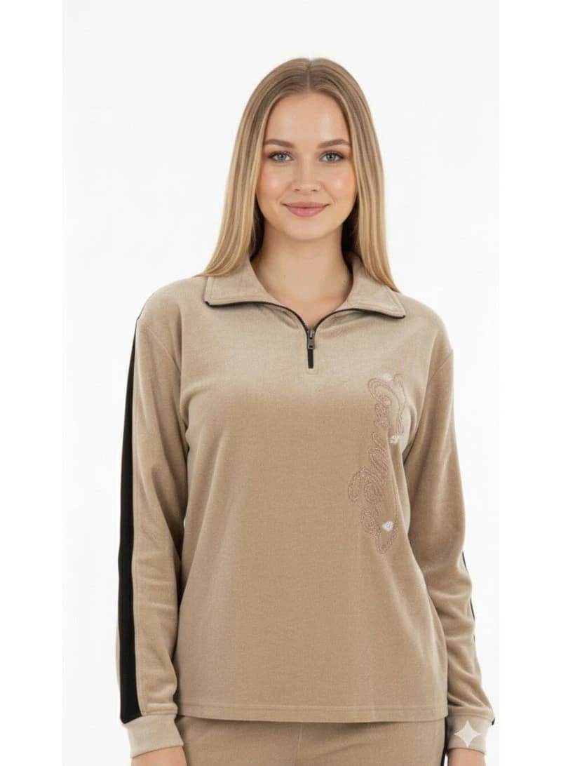 Women's 2-Piece Premium Velvet Loungewear Set - Half-Zip Neck Pullover & Pants