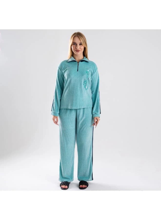 Women's 2-Piece Premium Velvet Loungewear Set - Half-Zip Neck Pullover & Pants