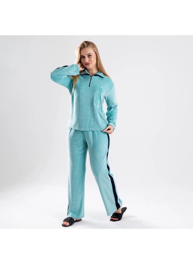Women's 2-Piece Premium Velvet Loungewear Set - Half-Zip Neck Pullover & Pants
