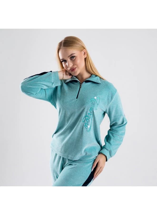 Women's 2-Piece Premium Velvet Loungewear Set - Half-Zip Neck Pullover & Pants