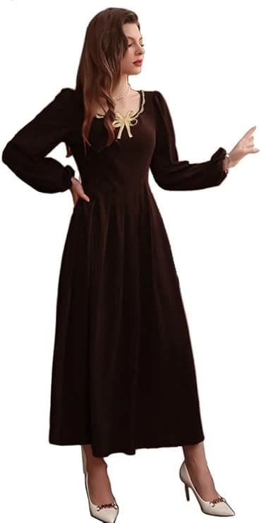 Women's Brown Gold Ribbon Scuba Dress