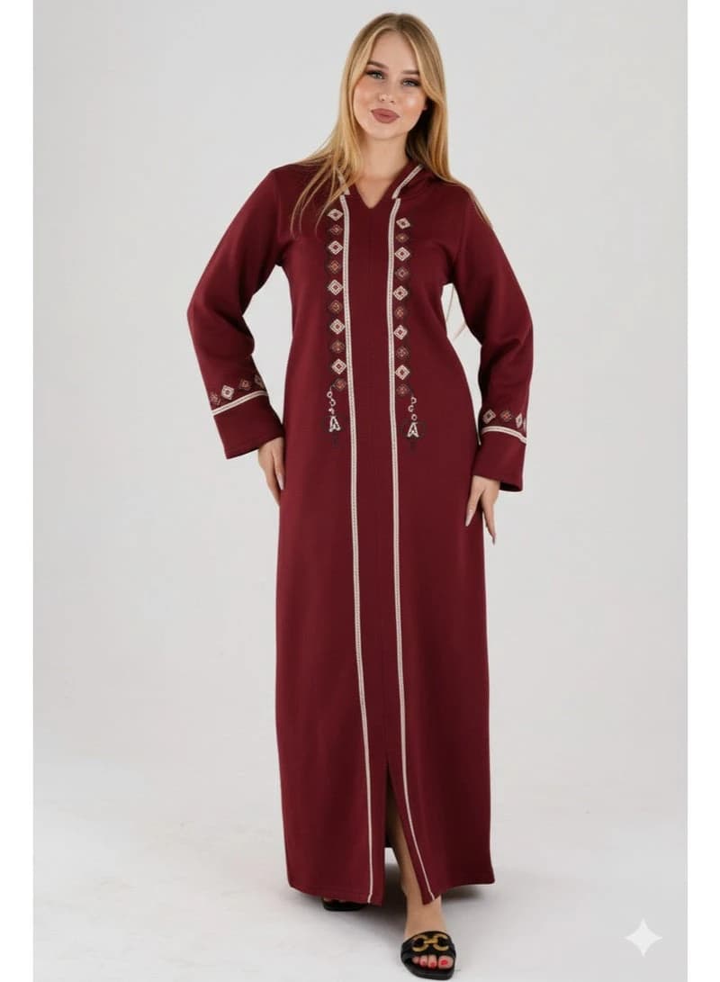 Women's Winter Hooded Abaya – Milton Fabric, Embroidered Long-Sleeve Kaftan