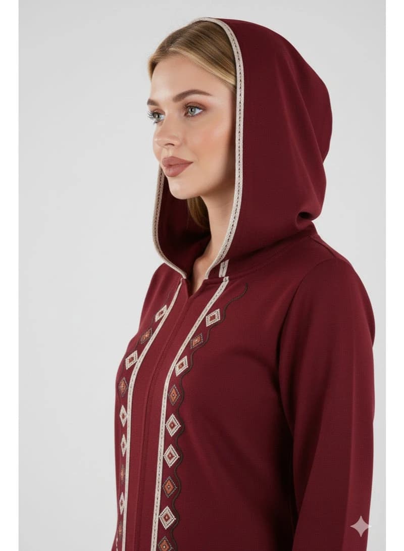 Women's Winter Hooded Abaya – Milton Fabric, Embroidered Long-Sleeve Kaftan