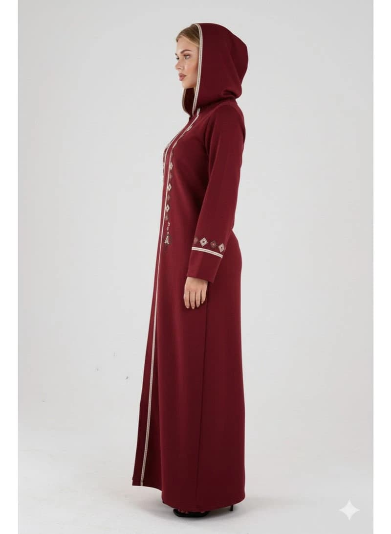 Women's Winter Hooded Abaya – Milton Fabric, Embroidered Long-Sleeve Kaftan
