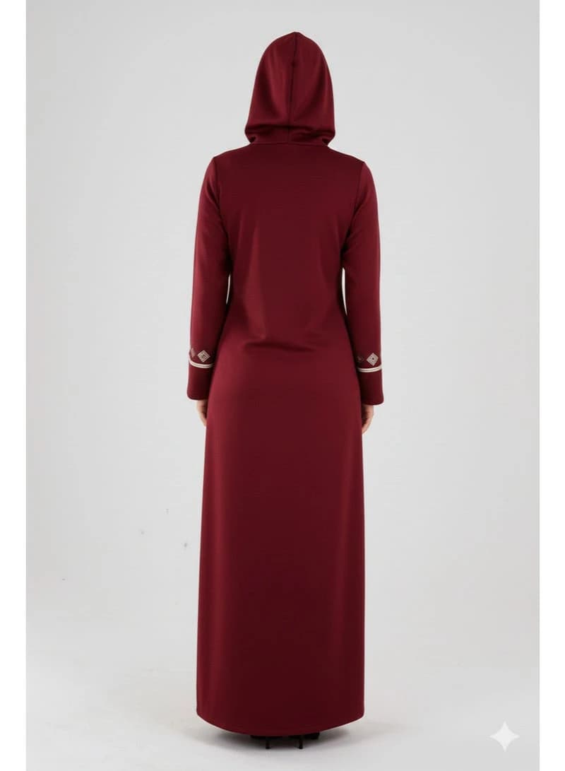 Women's Winter Hooded Abaya – Milton Fabric, Embroidered Long-Sleeve Kaftan