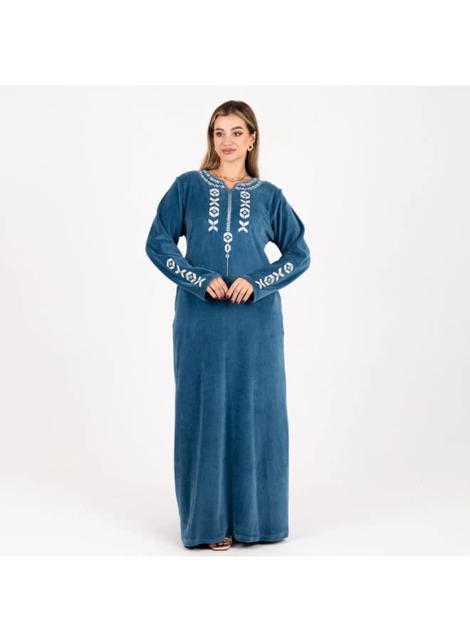 Cozy Embroidered Velour Maxi Dress – Geometric Stitching, Warm Home Wear