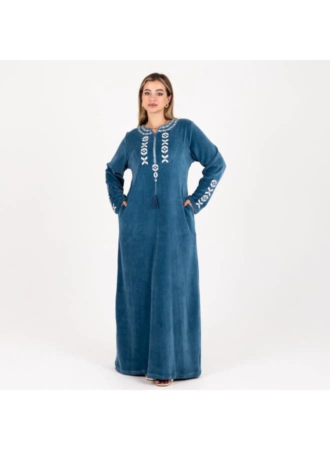 Cozy Embroidered Velour Maxi Dress – Geometric Stitching, Warm Home Wear