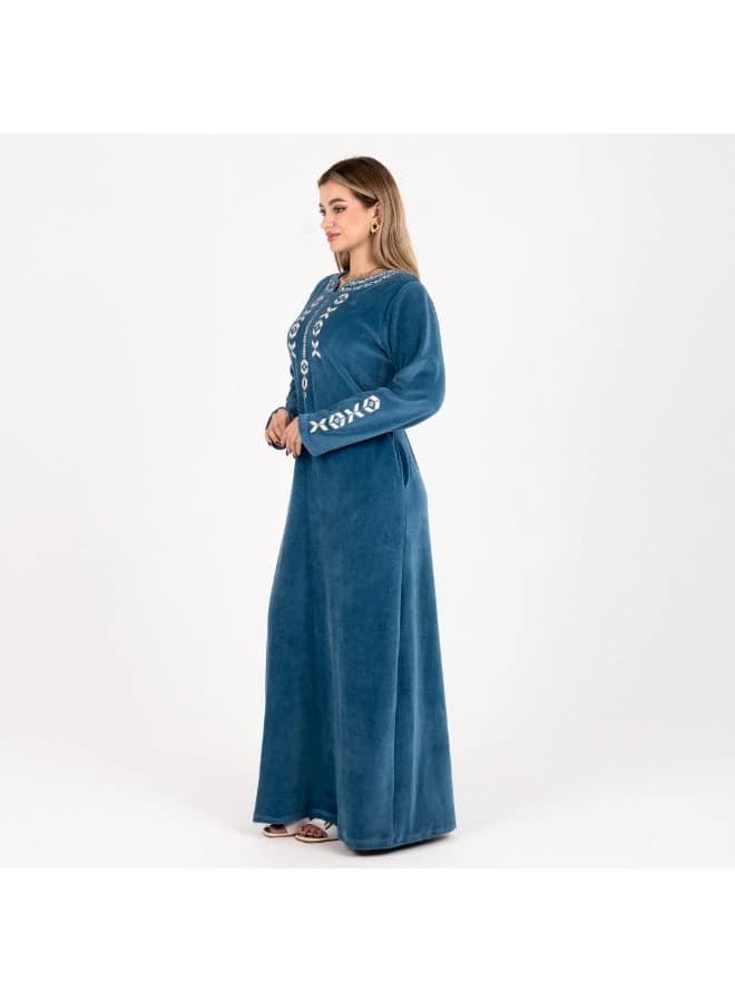 Cozy Embroidered Velour Maxi Dress – Geometric Stitching, Warm Home Wear