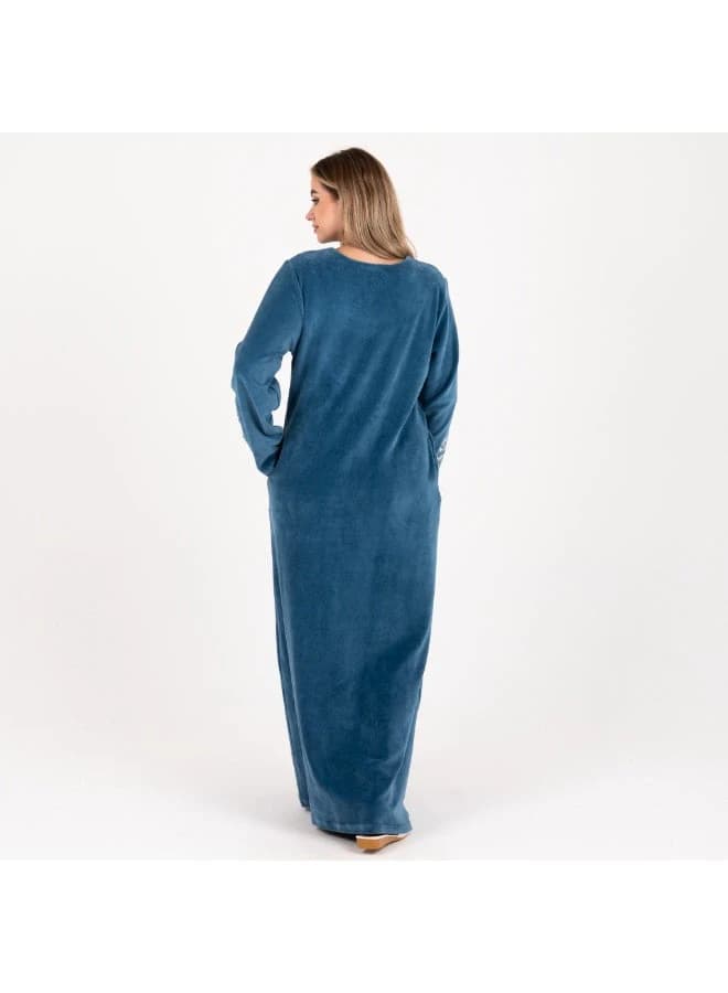 Cozy Embroidered Velour Maxi Dress – Geometric Stitching, Warm Home Wear