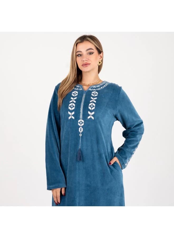 Cozy Embroidered Velour Maxi Dress – Geometric Stitching, Warm Home Wear