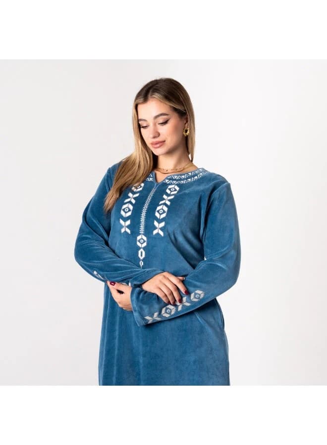 Cozy Embroidered Velour Maxi Dress – Geometric Stitching, Warm Home Wear