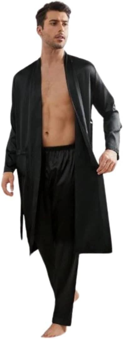 Men's black satin set: robe and pants