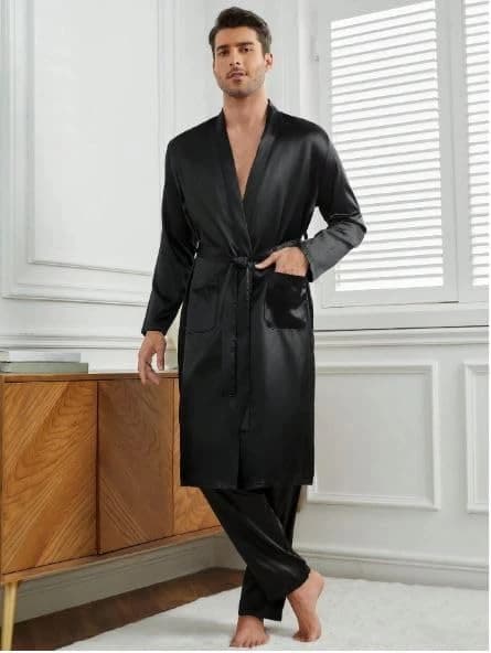 Men's black satin set: robe and pants