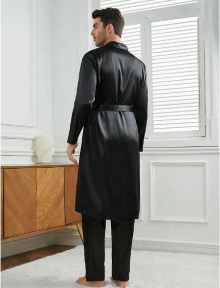 Men's black satin set: robe and pants