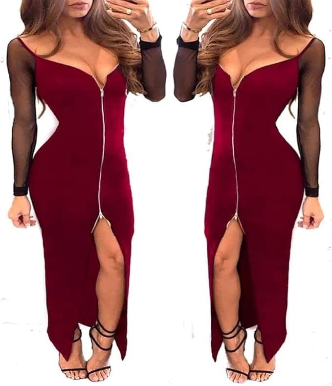 Long Lingerie Dress with Sheer Tulle and Front Zipper Maroon