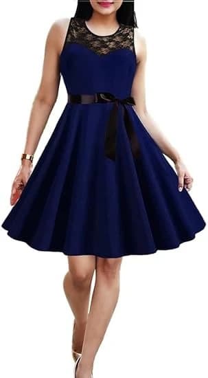 Navy Pleated Dress with Belt and Shoulder Black