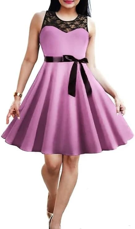 Women's Black Lace Appliques Light Purple Dress Satin Belt Black