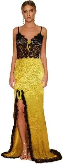 Yellow Lace Cap Chest Long Lingerie Nightgown