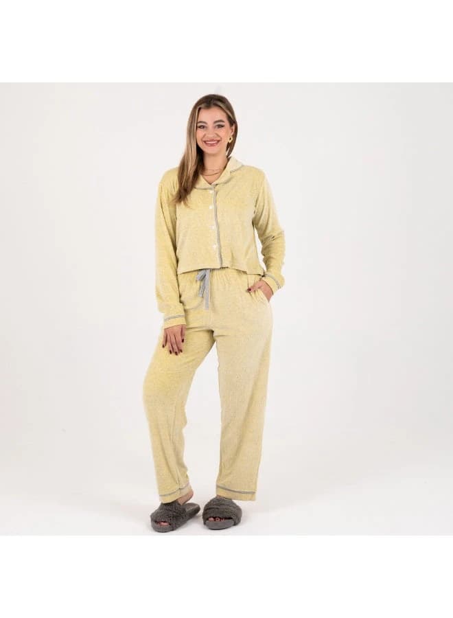 Velvet Elegance Plush Pajama Set Classic Shirt Design Light Yellow